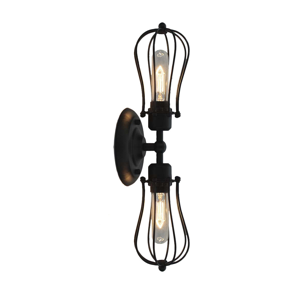 Vintage Industrial 1/2-Light Metal Bulb Wall Sconce With Cage Shade For Restaurants - Black/Nickel