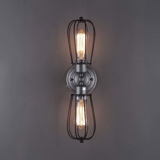 Vintage Industrial 1/2-Light Metal Bulb Wall Sconce With Cage Shade For Restaurants - Black/Nickel