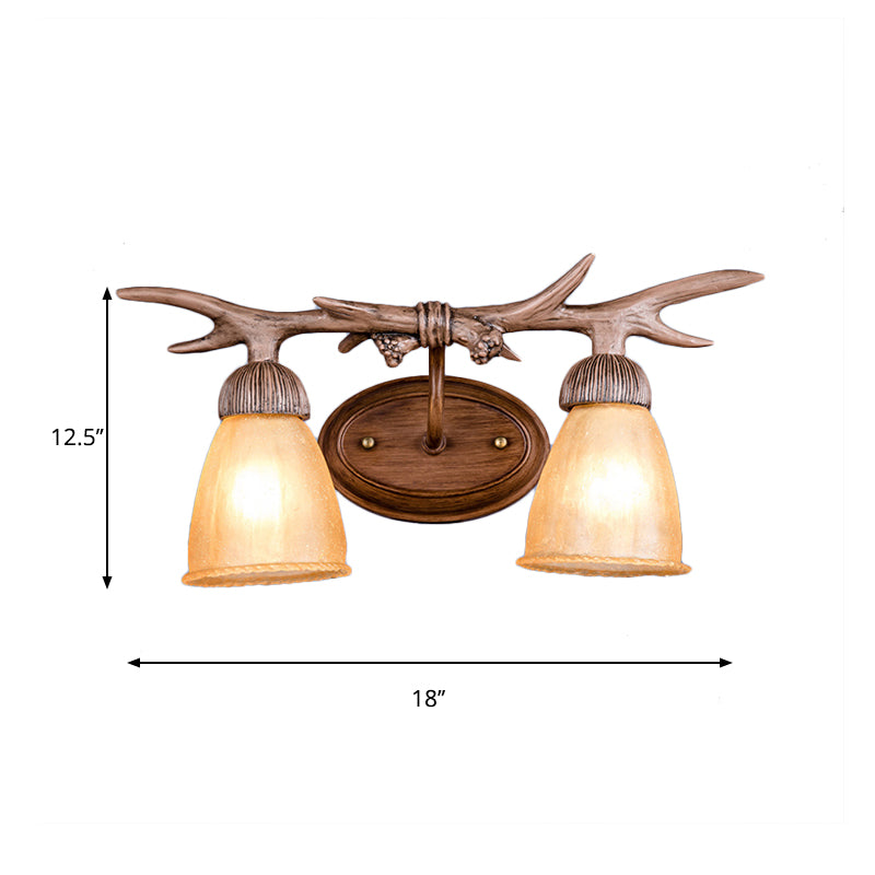 Rustic Deer Horn Amber Glass Wall Sconce Lamp - Lodge Style With 2 Lights
