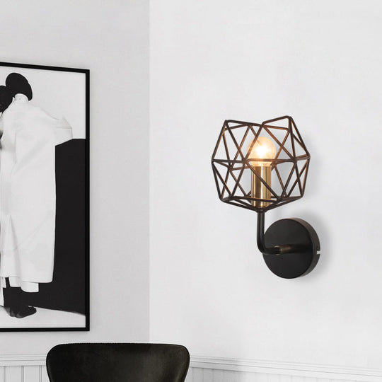 Vintage Retro Metal Polyhedron Wall Sconce: Black Globe Light For Bedroom