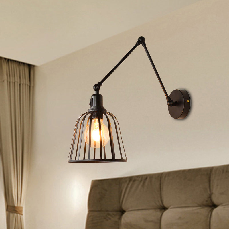 Industrial Swing Arm Wall Lamp With Metallic Wire Cage - Bedroom Lighting In Black