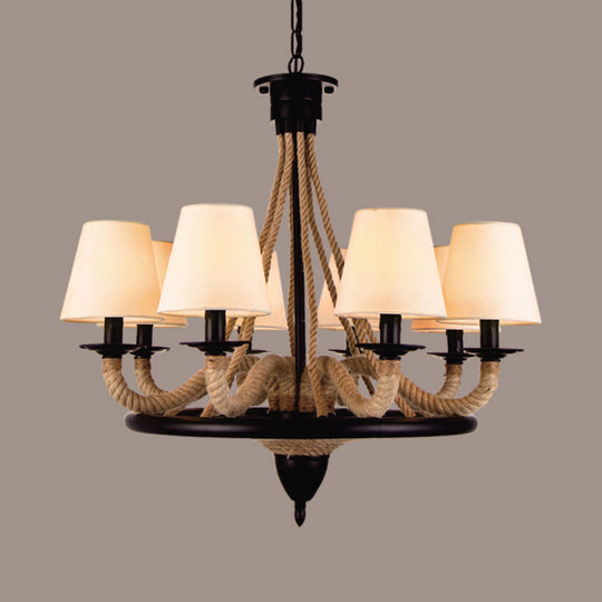 Farmhouse Style Wagon Wheel Chandelier With Beige Rope And Fabric Shades 8 /