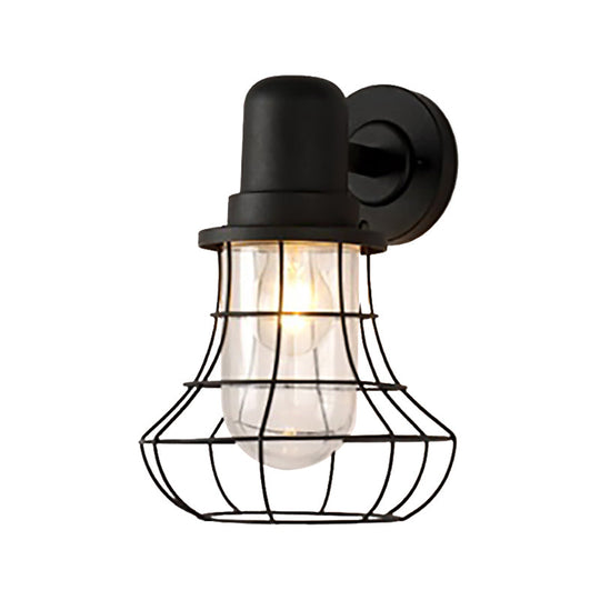 Industrial Black Metal Sconce Light With Clear Glass Shade For Porch - 1 Wire Frame Wall Lamp