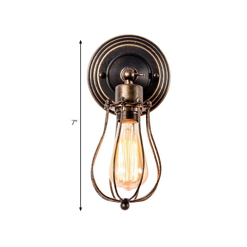 Farmhouse Style Wall Lamp Iron Head With Dark Rust Wire Guard - Coffee Shop Mini Sconce Light