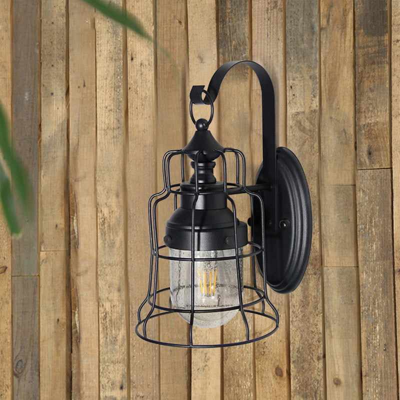 Black Caged Wall Light With Inner Glass Shade For Coastal Style Decor