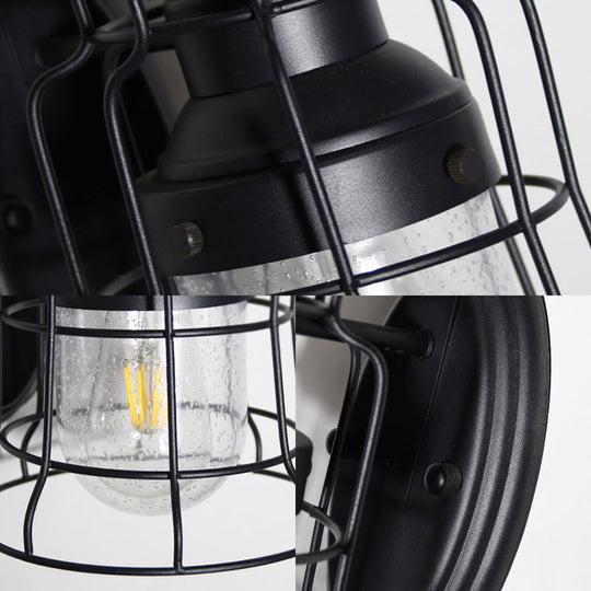 Black Caged Wall Light With Inner Glass Shade For Coastal Style Decor