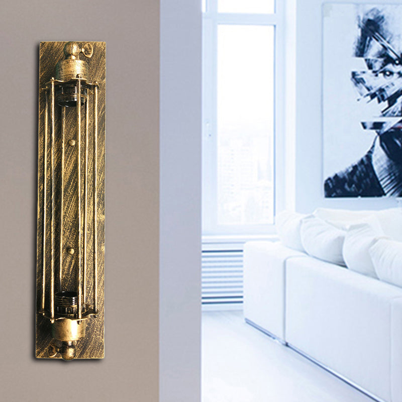 Retro Industrial Wall Sconce Lighting: Linear Wrought Iron Lamp With Cage Shade In Aged Brass