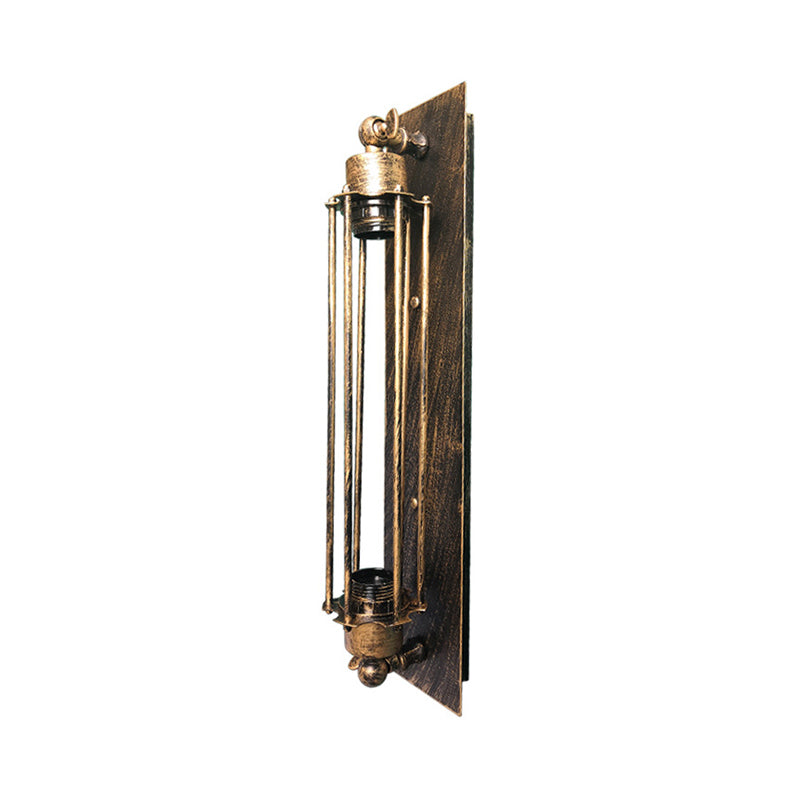 Retro Industrial Wall Sconce Lighting: Linear Wrought Iron Lamp With Cage Shade In Aged Brass