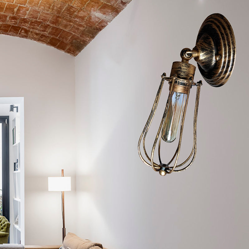 Industrial Aged Brass Wall Sconce With Wire Guard And Bulb Shade For Restaurants Antique