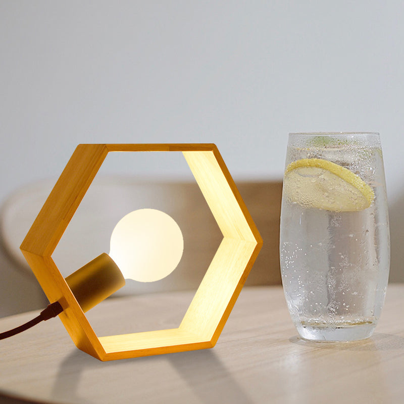 Hexagon Table Lamp With Lodge Style Wood Frame Shade - Stylish Bedside Lighting