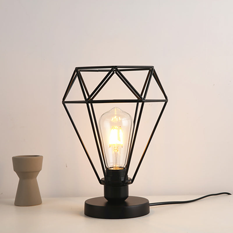 Wire Guard Table Lamp With Diamond Shade - Industrial Style Metallic Lighting In Black