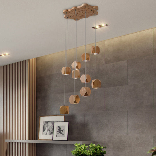 Sleek Wood Led Cluster Pendant Light - 10/13-Head Ceiling Fixture For Modern Living Room