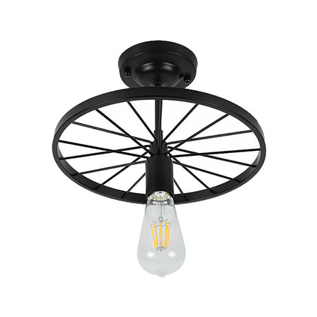 Industrial Style Metal Semi Flush Ceiling Light With Black Finish - Bare Bulb Restaurant Fixture