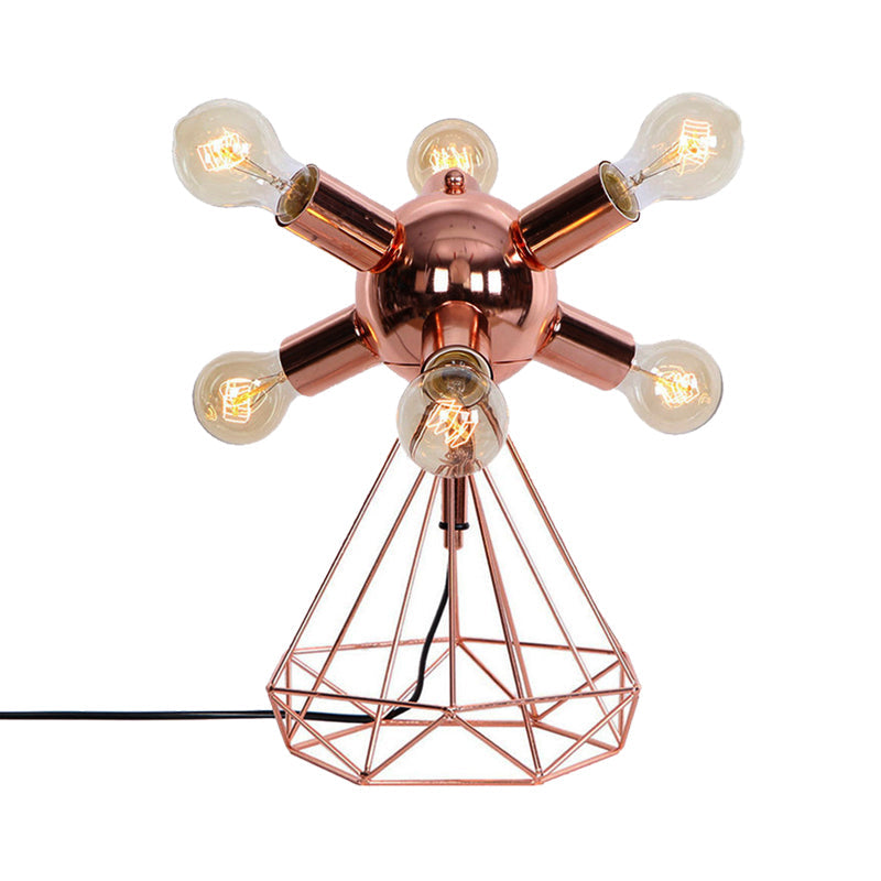 Retro-Style Metal Table Lamp With Diamond Base - 6/9-Head Bare Bulb Copper Finish Bedroom Lighting