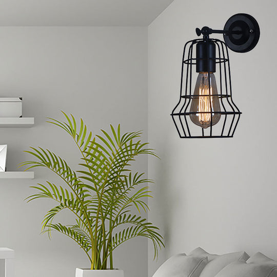 Flared Cage Wall Sconce - Industrial Style Metal 1 Head Rotatable Mount Light Black / Barrel