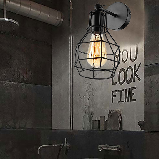 Flared Cage Wall Sconce - Industrial Style Metal 1 Head Rotatable Mount Light Black / Vase