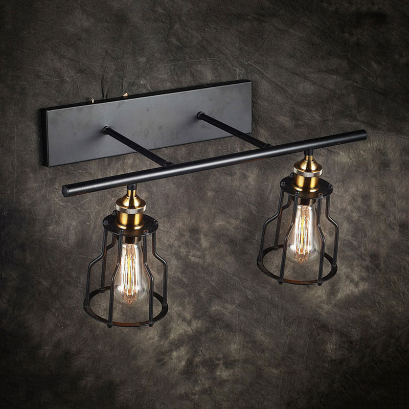 Industrial Style Wire Cage Wall Sconce With 2 Lights - Black Finish Metal Ideal For Living Room