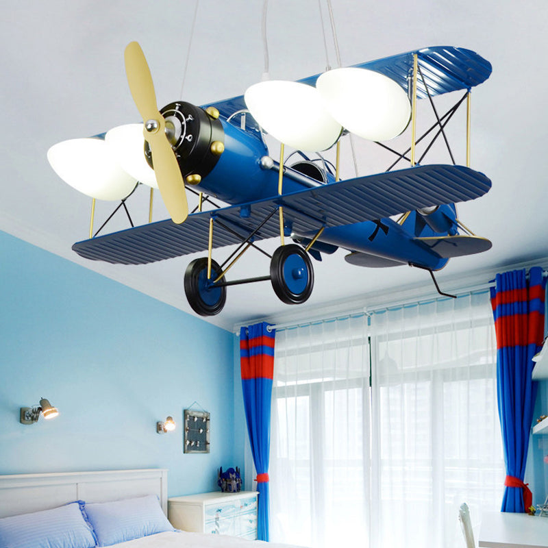 Modern Biplane Design Chandeliers For Boys Bedrooms - 4 Light Glass Shade Ceiling Fixture Blue
