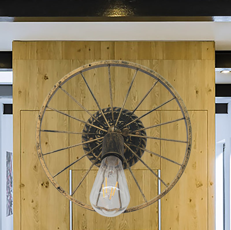Farmhouse Style Metal Wall Sconce Lamp Black/Bronze Wheel Design With Open Bulb 1 Light Restaurant