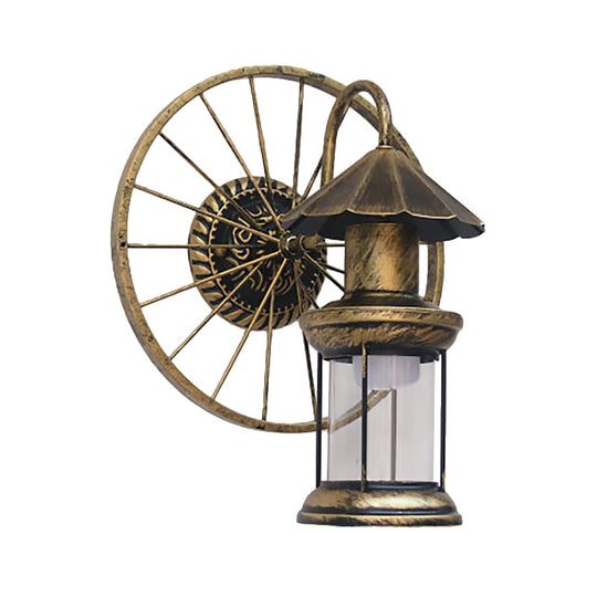 Vintage Industrial Black/Bronze Lantern Wall Sconce - 1 Light Metal Restaurant Lamp With Wheel