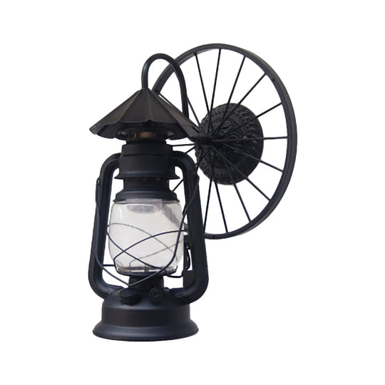 Antique Stylish Black/Bronze Finish Lantern Wall Sconce Light Wrought Iron Mounted Lamp With Wheel