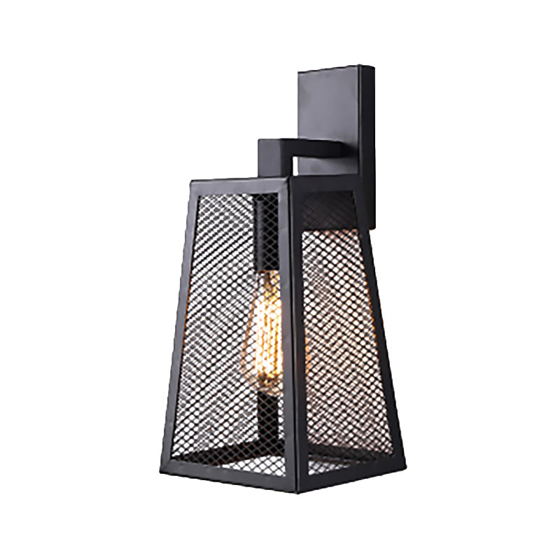 Farmhouse Style Black Mesh Cage Sconce Lamp With Trapezoid Shade - Indoor Wall Light Fixture