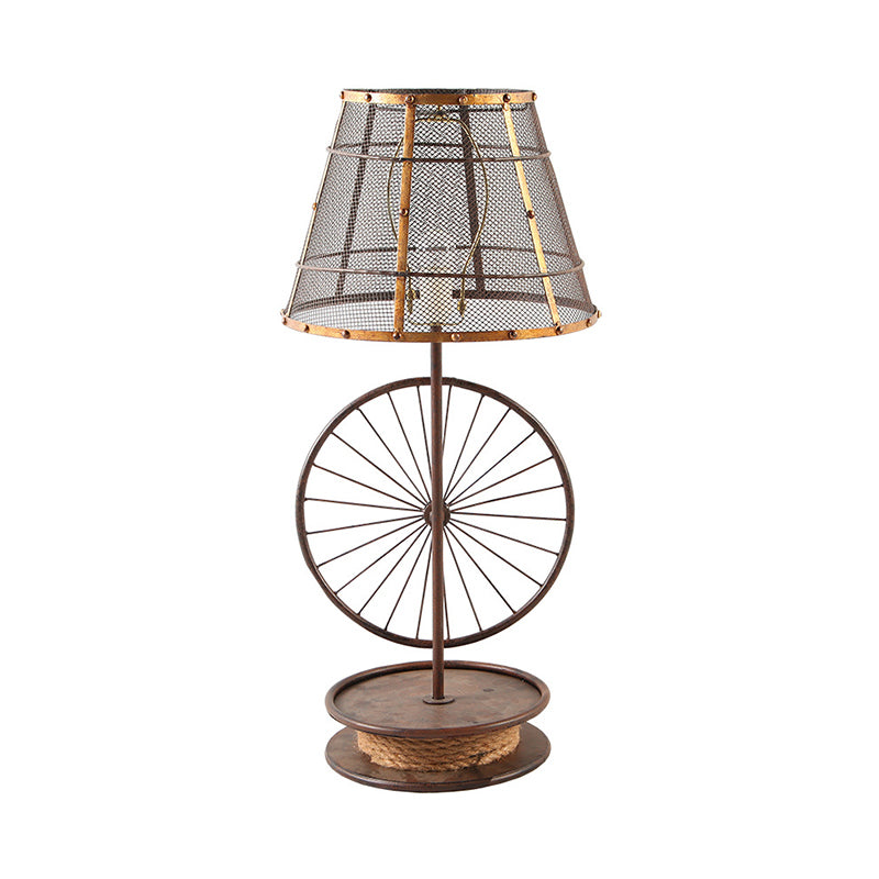 Lodge Cone Shade Table Lamp - Stylish Mesh Design 1 Bulb Iron Desk Light With Wheel Deco In Bronze