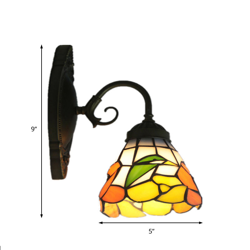 Victorian Peony Stained Glass Sconce Light With Arm - Black Wall Mount