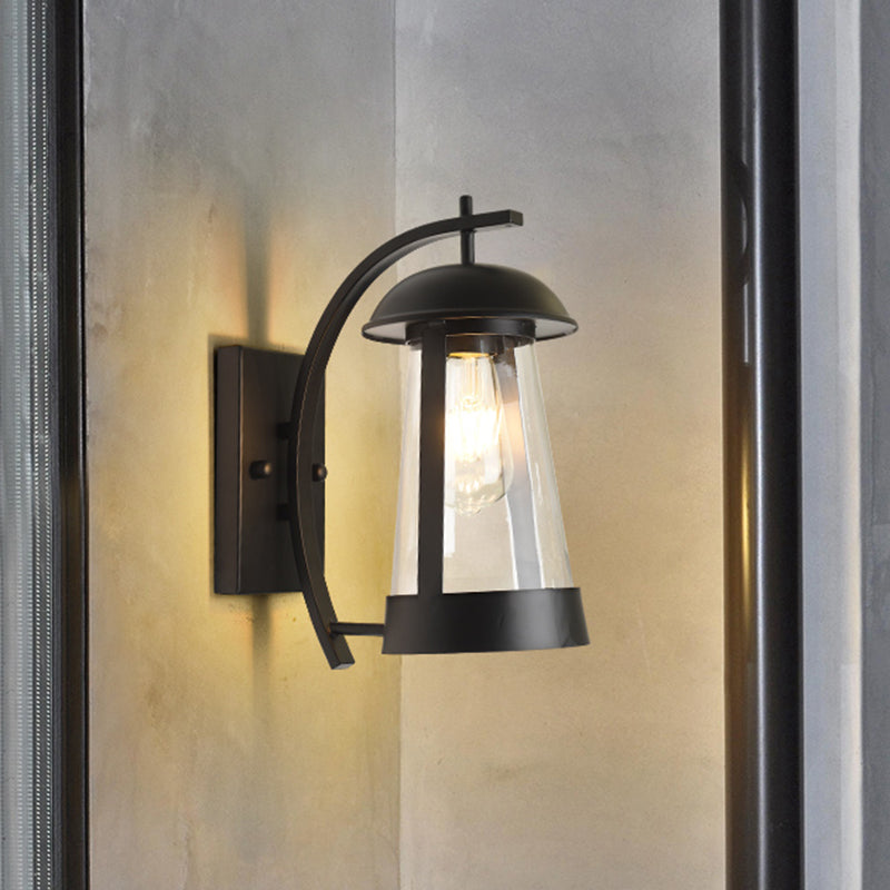 Farmhouse Glass Kerosene Lamp Wall Light With Curved Arm In Black