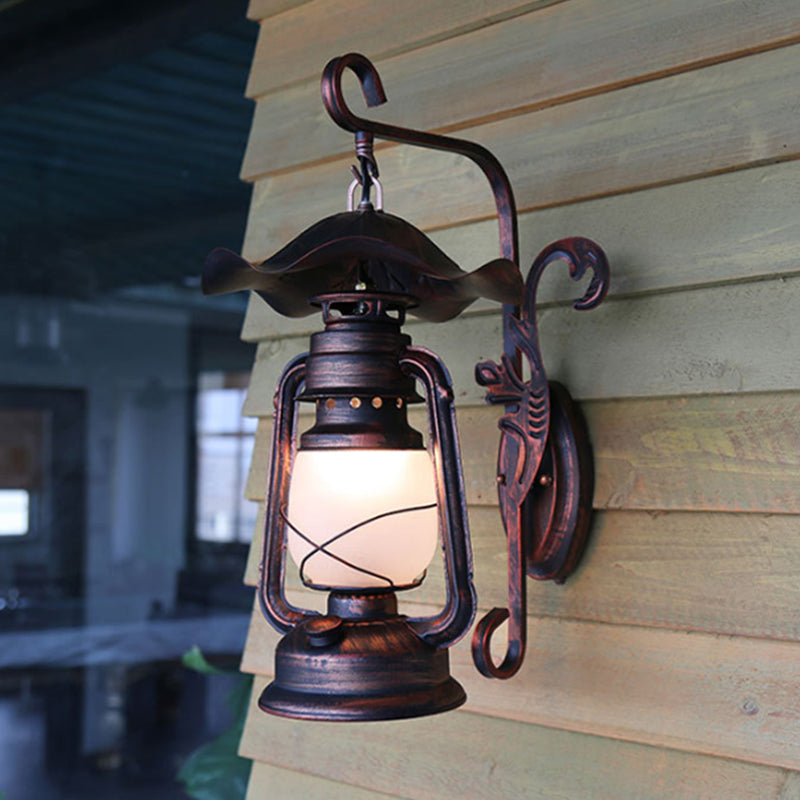 Nautical Weathered Copper Kerosene Lamp - Opaline Glass Wall Mount Light For Porch Lighting