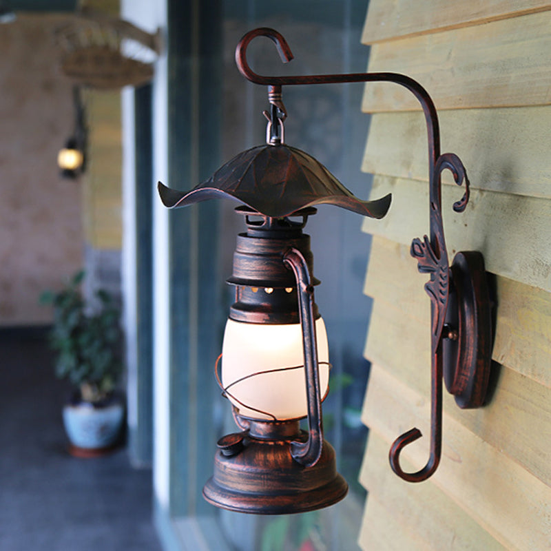 Nautical Weathered Copper Kerosene Lamp - Opaline Glass Wall Mount Light For Porch Lighting