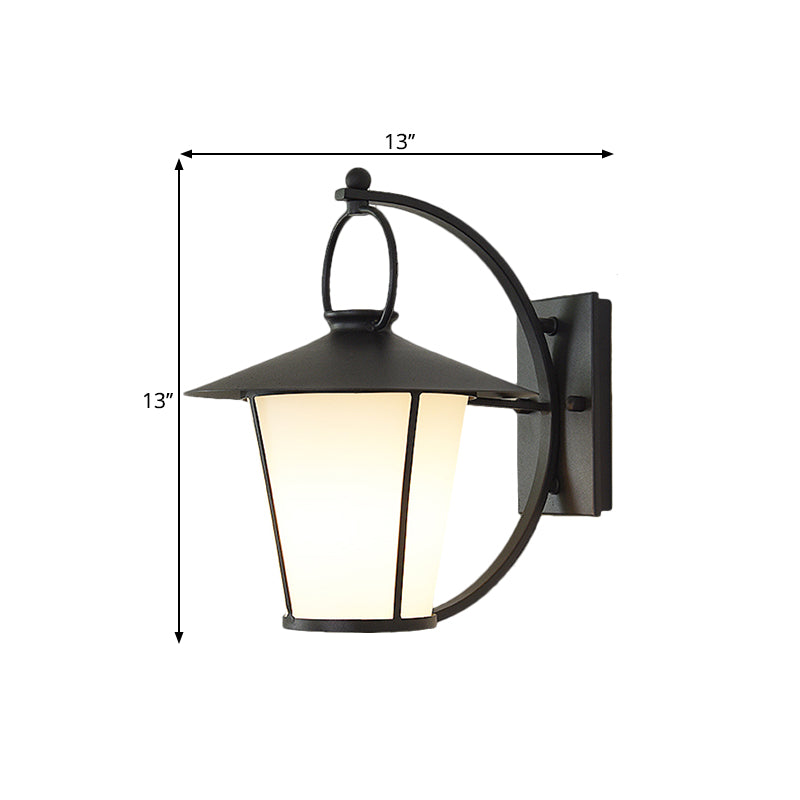 Vintage Conical Opal Glass Wall Mount Light - 1-Head Courtyard Lighting With Arc Arm Black/Brass