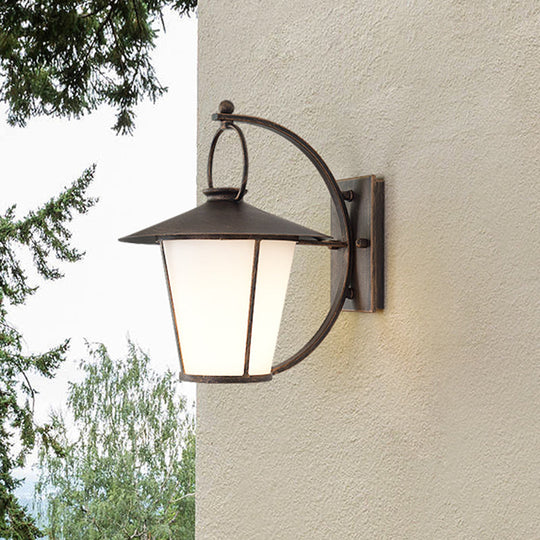 Vintage Conical Opal Glass Wall Mount Light - 1-Head Courtyard Lighting With Arc Arm Black/Brass