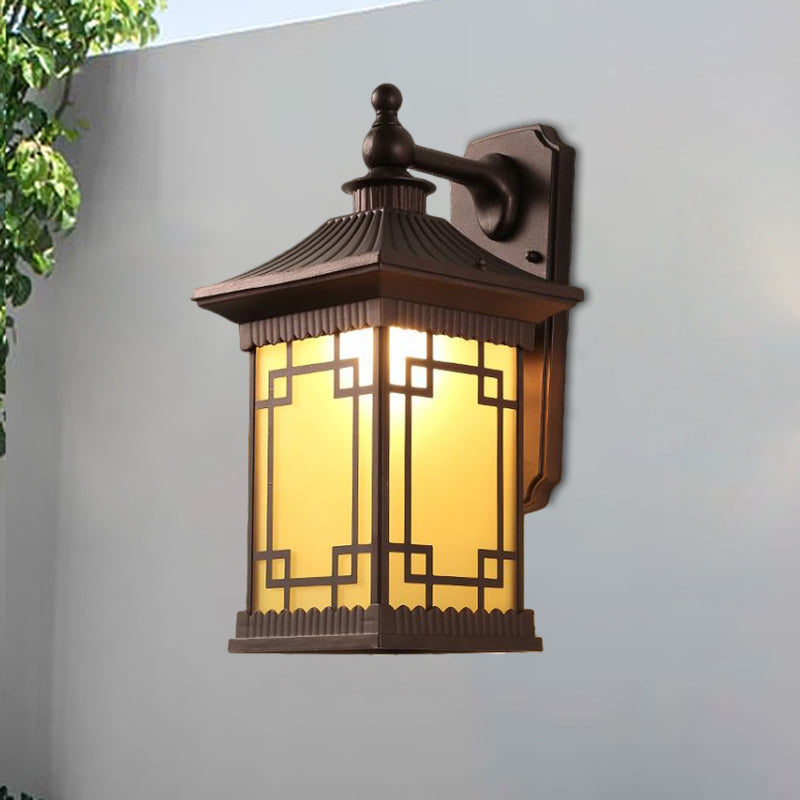 Classic Lantern Wall Mount Light With Prismatic/Tan Glass & Single Bulb - Black/Coffee Coffee