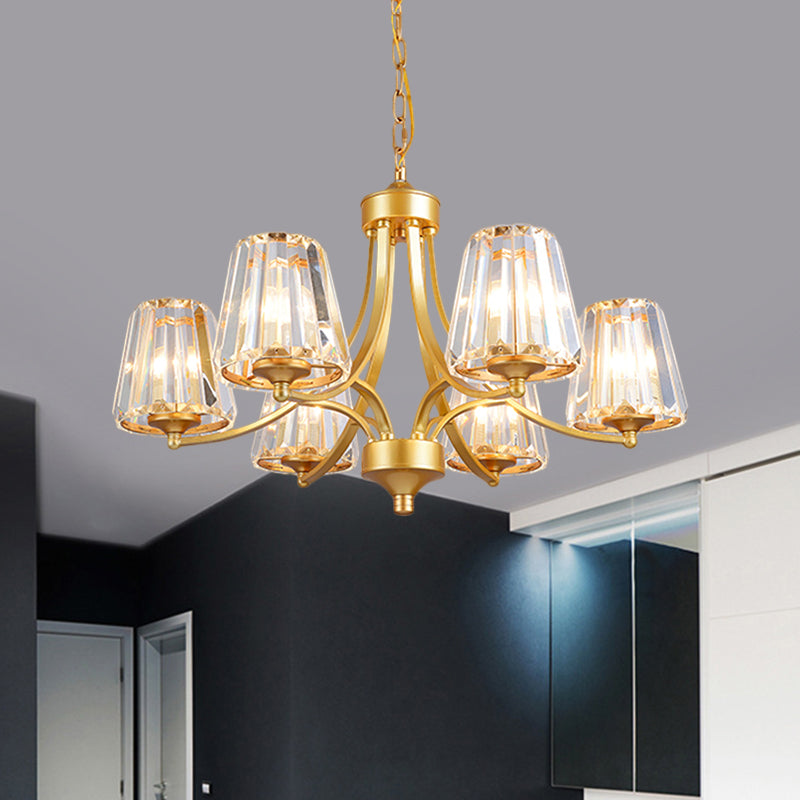 Minimalistic 6-Light Gold Pendant Chandelier with Conic Crystal Prisms & Curvy Arm