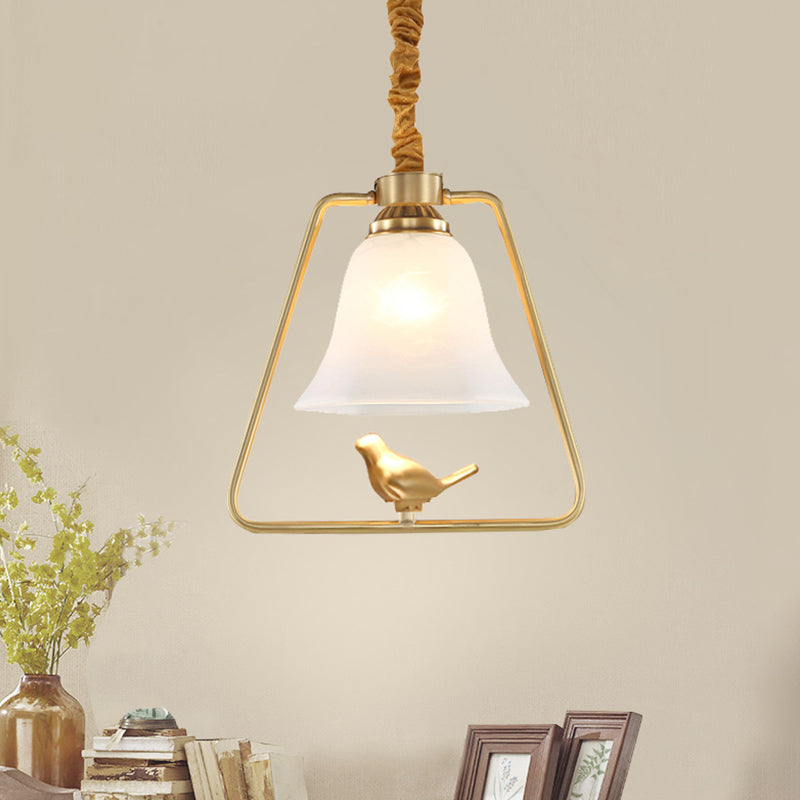 Vintage Opal Glass Hanging Lamp - Gold Frame Pendant Light With Bird Detail Bell Dining Hall