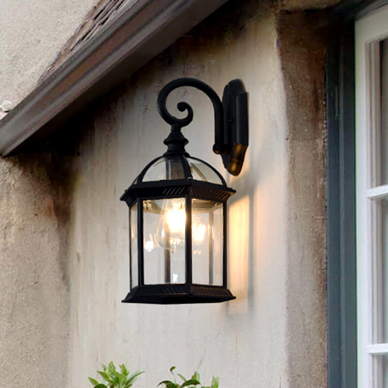 Antique Black Patio Wall Light: Clear Glass Pavilion Lighting With 1 Bulb