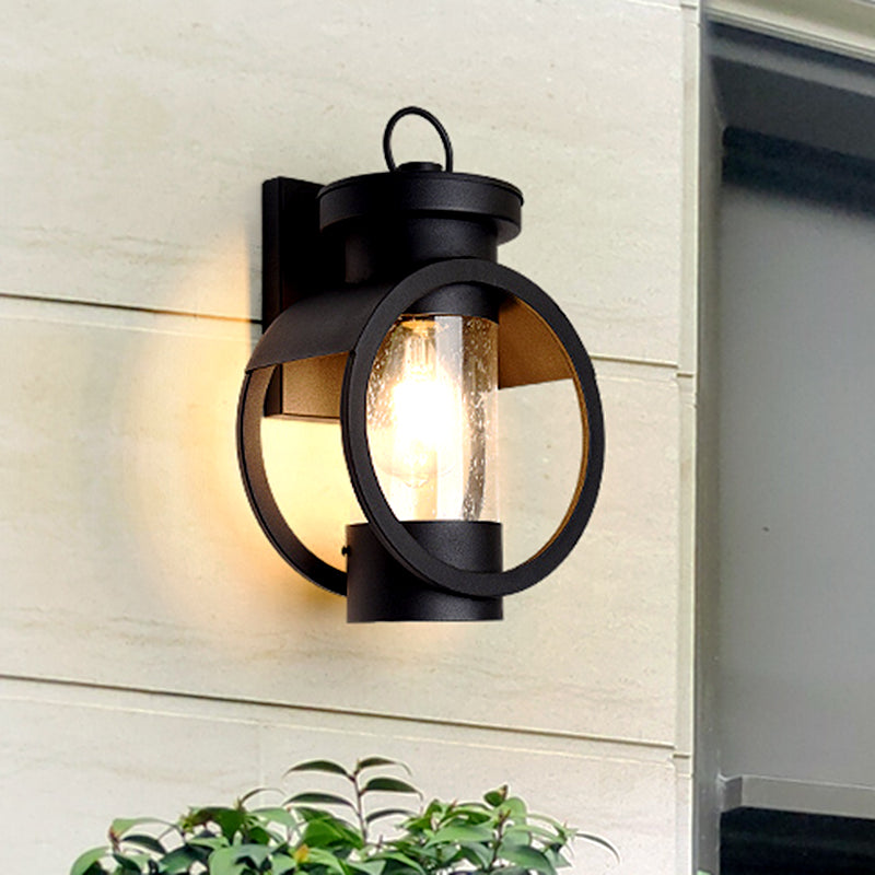 Traditional Seedy Glass Cylindrical Wall Sconce - Black 1-Bulb Outdoor Lamp