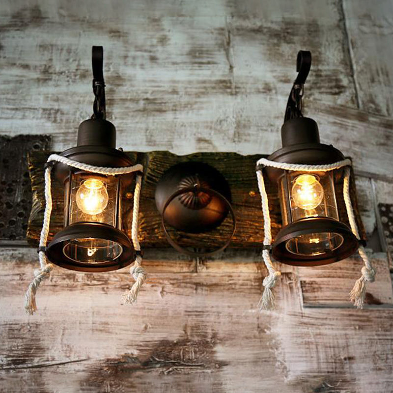 Rustic Lantern Wall Sconce With Clear Glass And 2 Bulbs In Black Finish