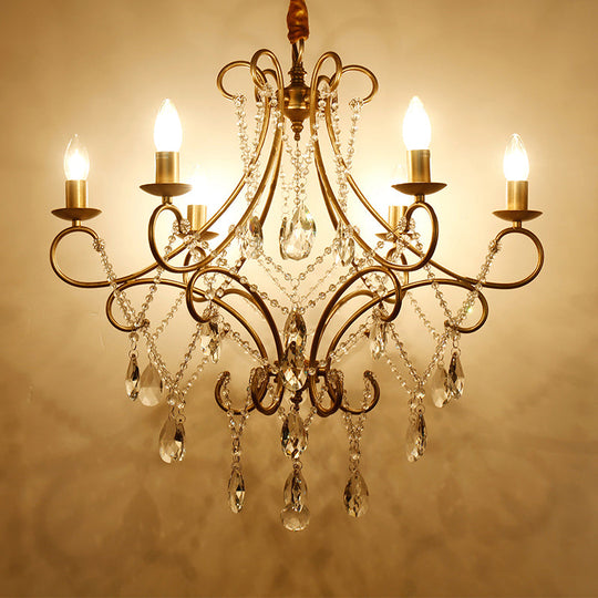 Contemporary Metal Candlestick Chandelier With Crystal Accent - 6-Light Gold Ceiling Pendant Lamp