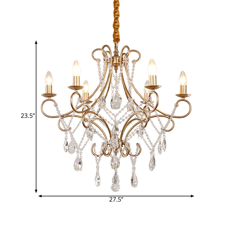 Contemporary Metal Candlestick Chandelier With Crystal Accent - 6-Light Gold Ceiling Pendant Lamp