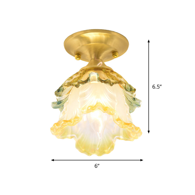 Retro Style Gold Ruffle Glass Ceiling Lamp - 1-Head Semi Flush Mount For Hallway