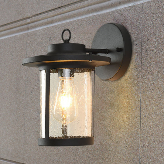 Black/Brass Cylinder Wall Light With Seedy Glass - Ideal For Warehouse Mounted Black