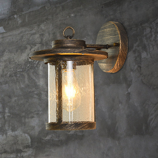 Black/Brass Cylinder Wall Light With Seedy Glass - Ideal For Warehouse Mounted Brass
