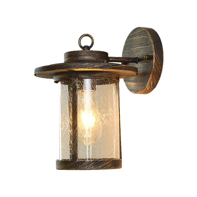 Black/Brass Cylinder Wall Light With Seedy Glass - Ideal For Warehouse Mounted