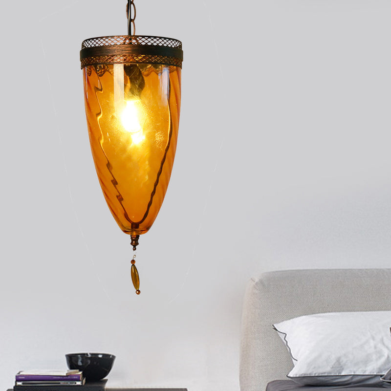 Amber Glass Black Suspension Lamp - Retro Style 1-Head Ceiling Light With Grid Trim And Chain
