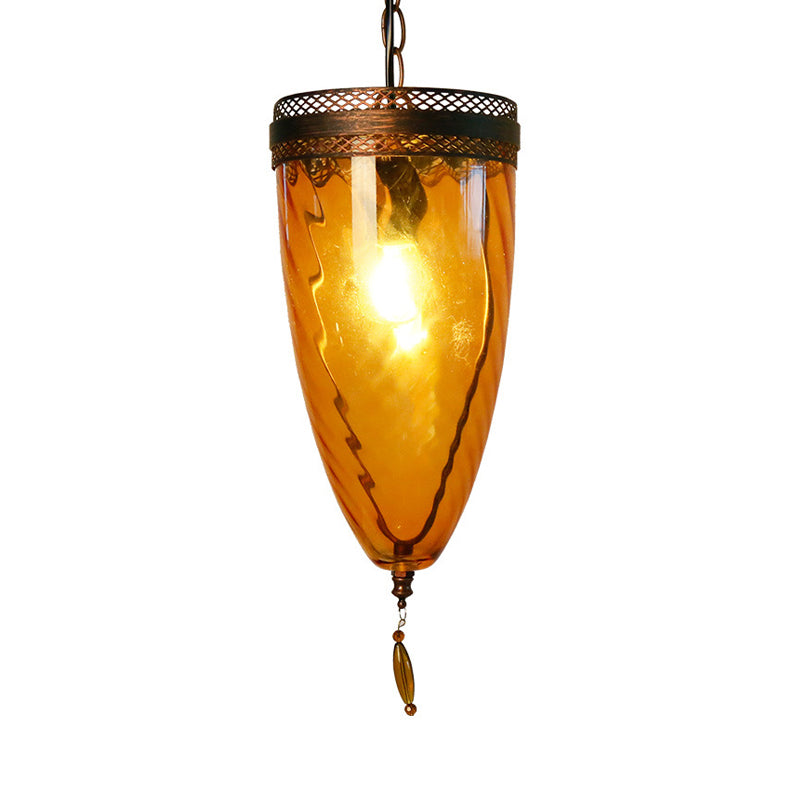 Amber Glass Black Suspension Lamp - Retro Style 1-Head Ceiling Light With Grid Trim And Chain
