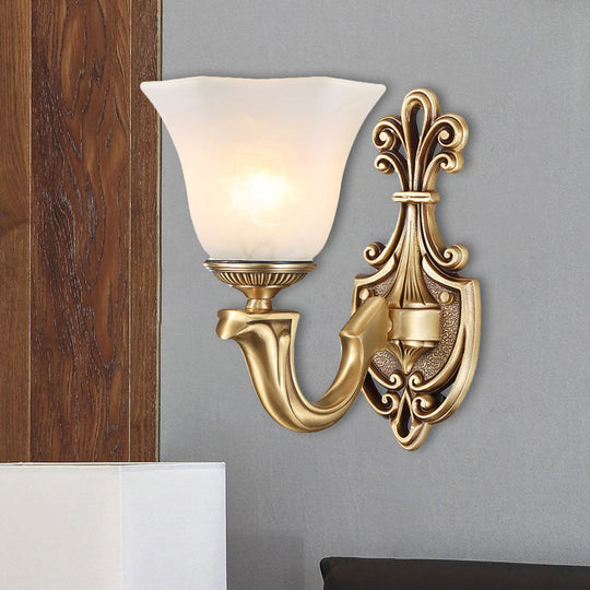 Traditional Frosted Glass Wall Mounted Lamp With Gold Finish - Inverted Bell Design And Curved Arm 1