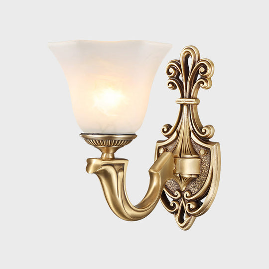 Traditional Frosted Glass Wall Mounted Lamp With Gold Finish - Inverted Bell Design And Curved Arm