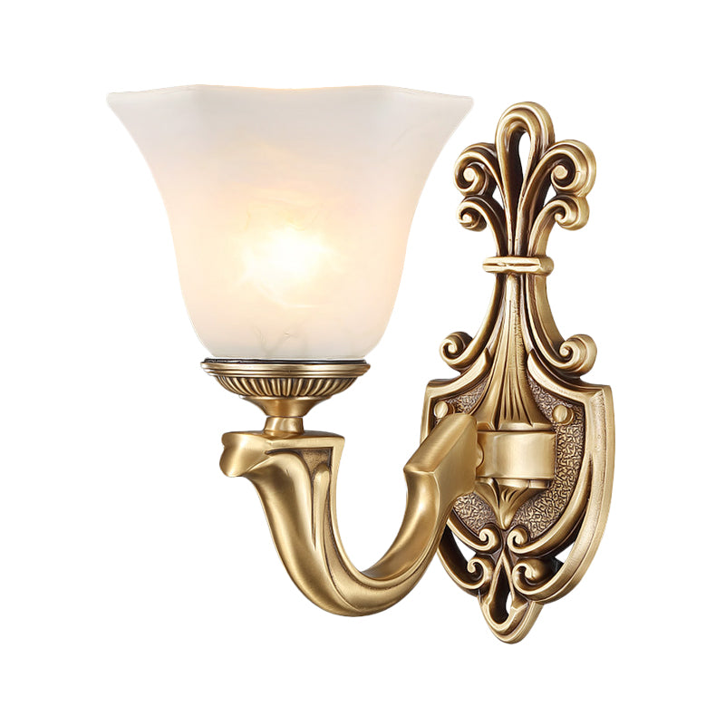 Traditional Frosted Glass Wall Mounted Lamp With Gold Finish - Inverted Bell Design And Curved Arm